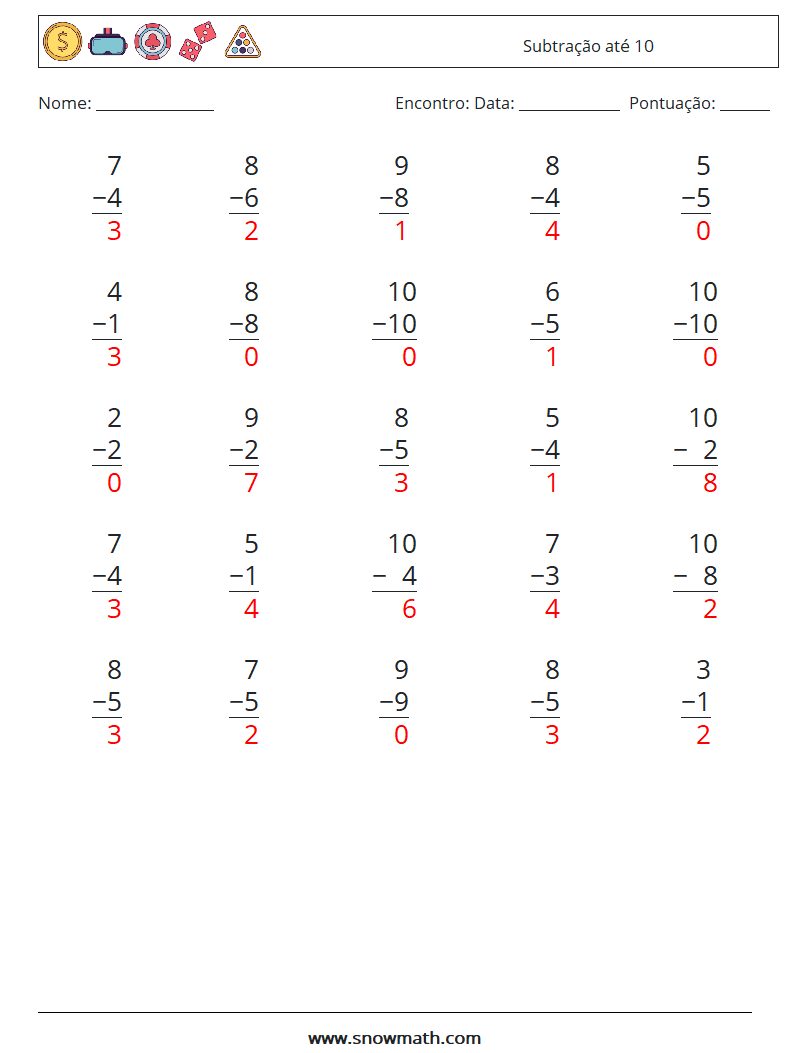 (25) Subtração até 10 planilhas matemáticas 3 Pergunta, Resposta