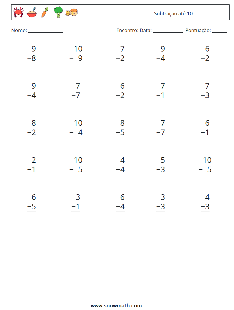 (25) Subtração até 10 planilhas matemáticas 4