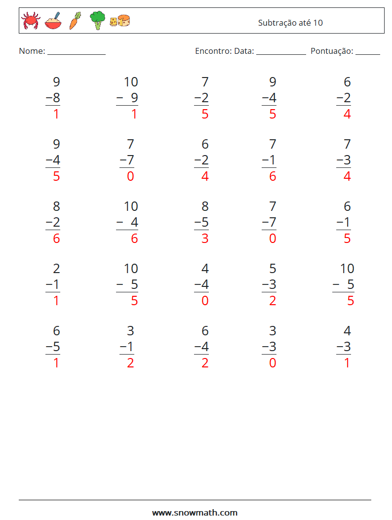 (25) Subtração até 10 planilhas matemáticas 4 Pergunta, Resposta