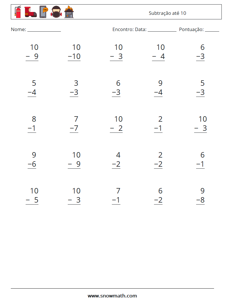 (25) Subtração até 10 planilhas matemáticas 5