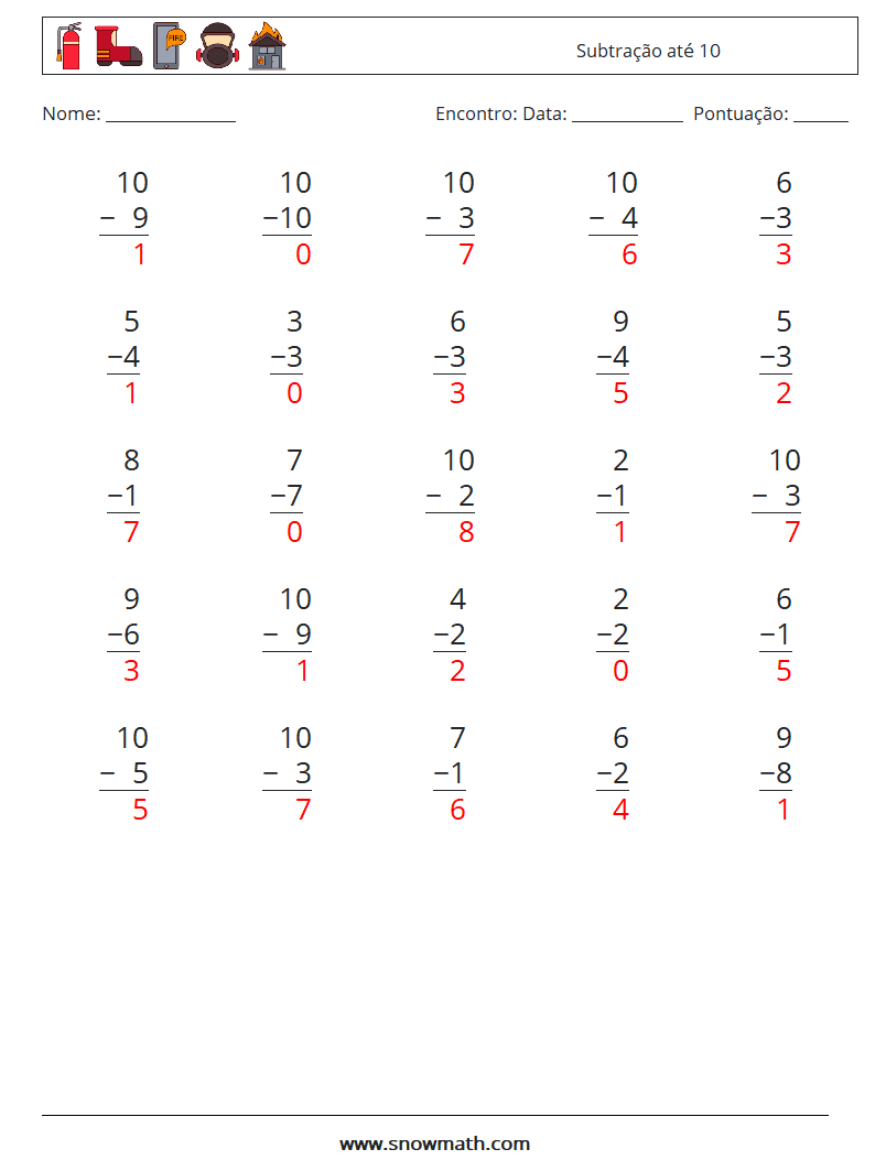 (25) Subtração até 10 planilhas matemáticas 5 Pergunta, Resposta