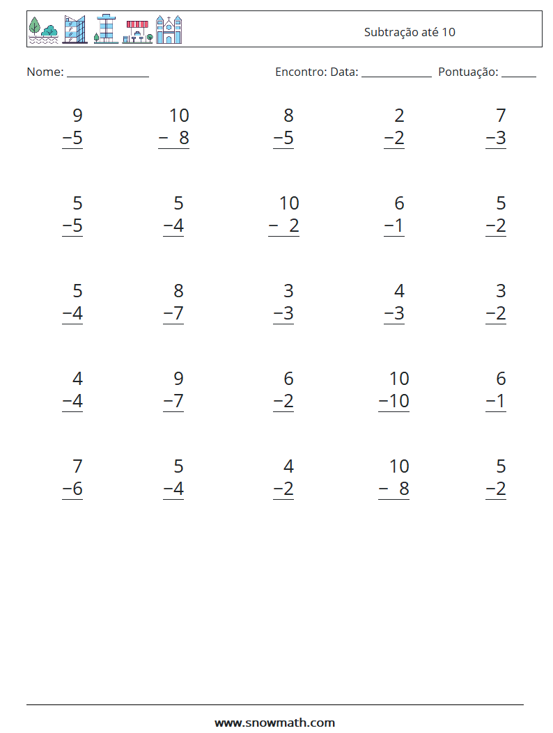 (25) Subtração até 10 planilhas matemáticas 6