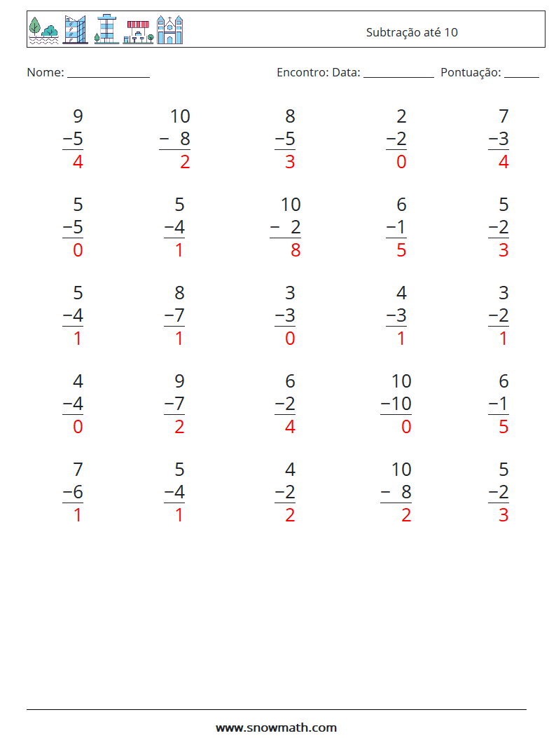 (25) Subtração até 10 planilhas matemáticas 6 Pergunta, Resposta