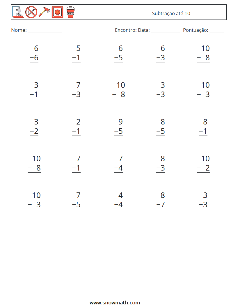 (25) Subtração até 10 planilhas matemáticas 8