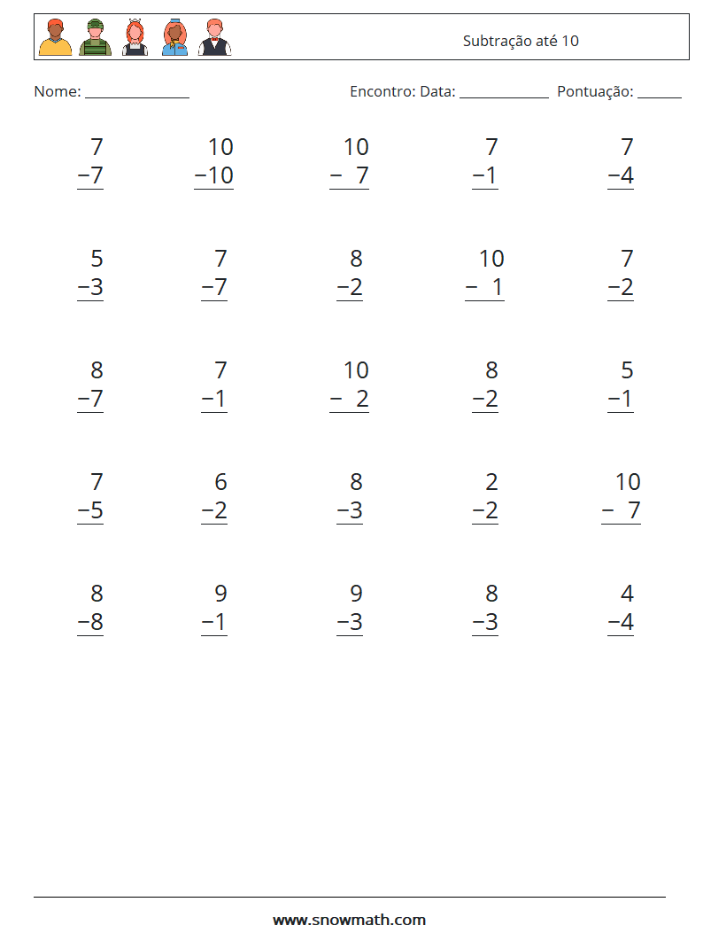 (25) Subtração até 10 planilhas matemáticas 9