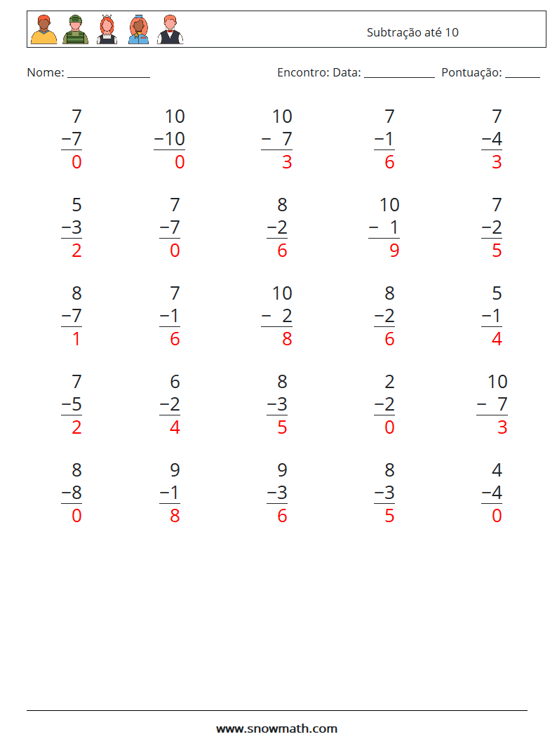 (25) Subtração até 10 planilhas matemáticas 9 Pergunta, Resposta