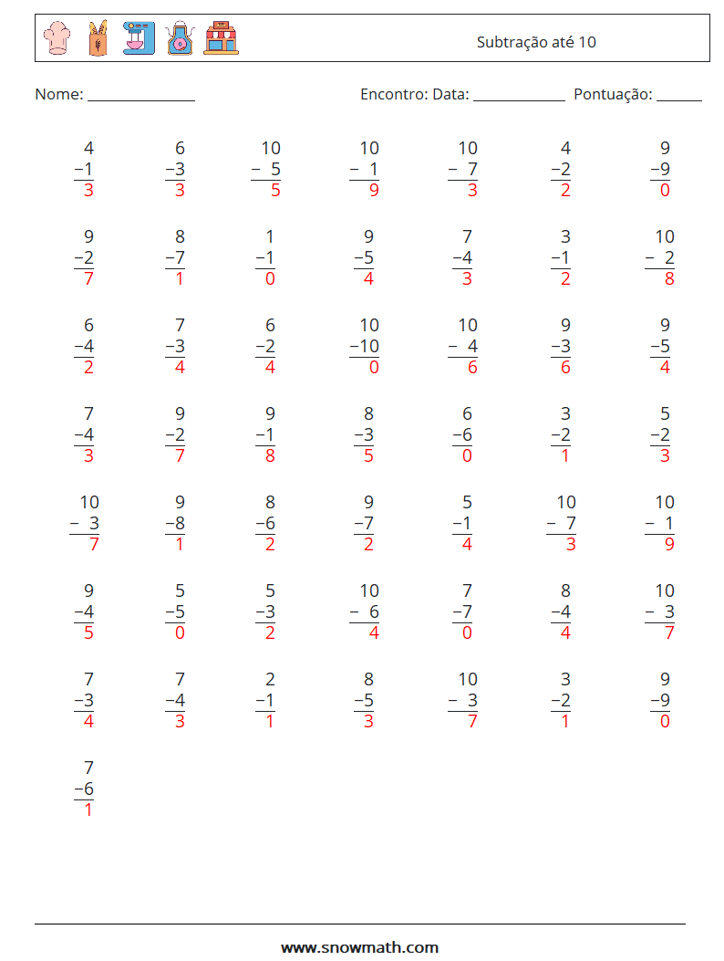 (50) Subtração até 10 planilhas matemáticas 1 Pergunta, Resposta