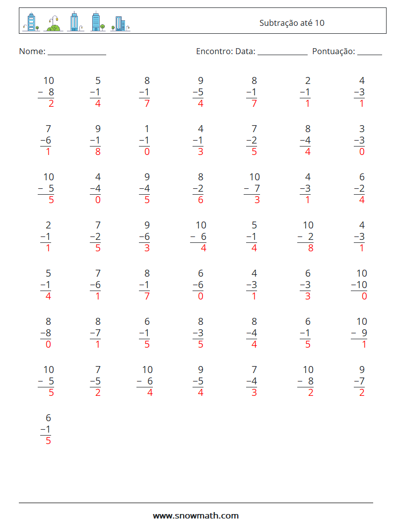 (50) Subtração até 10 planilhas matemáticas 2 Pergunta, Resposta