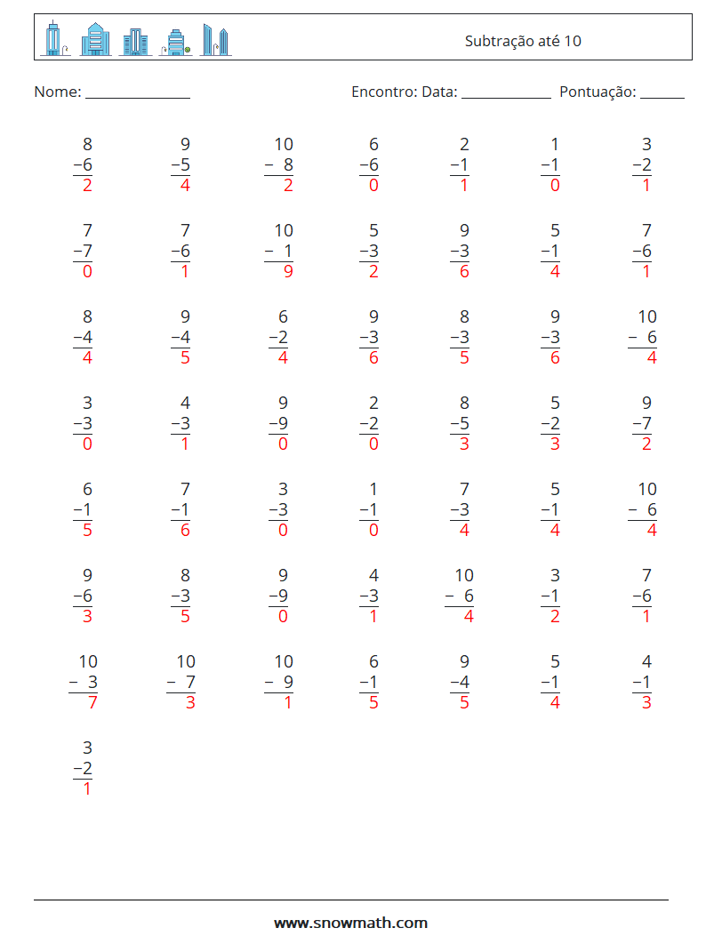 (50) Subtração até 10 planilhas matemáticas 4 Pergunta, Resposta