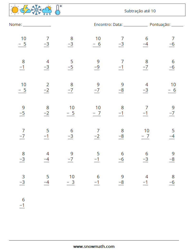 (50) Subtração até 10 planilhas matemáticas 5