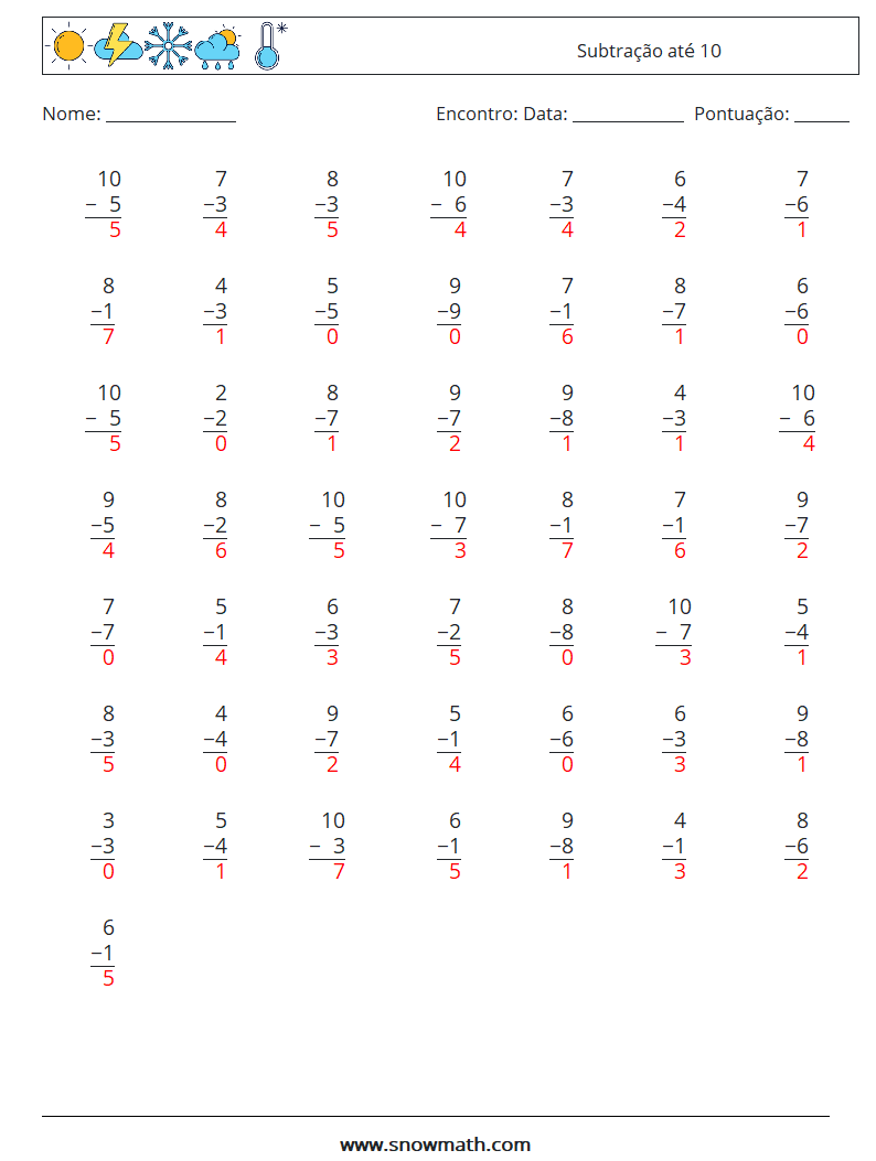 (50) Subtração até 10 planilhas matemáticas 5 Pergunta, Resposta