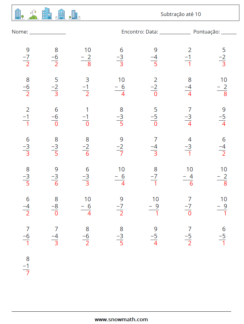 (50) Subtração até 10 planilhas matemáticas 6 Pergunta, Resposta