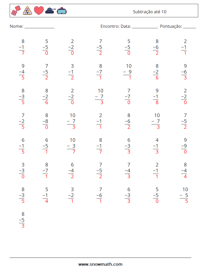 (50) Subtração até 10 planilhas matemáticas 8 Pergunta, Resposta