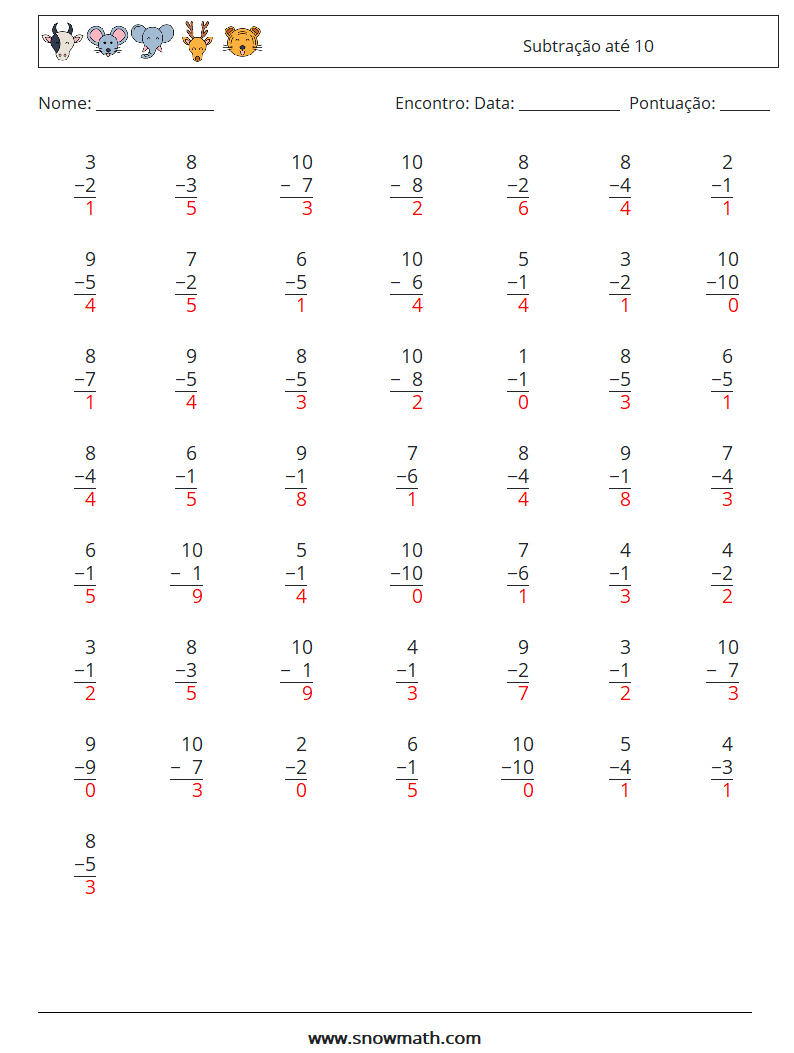 (50) Subtração até 10 planilhas matemáticas 9 Pergunta, Resposta