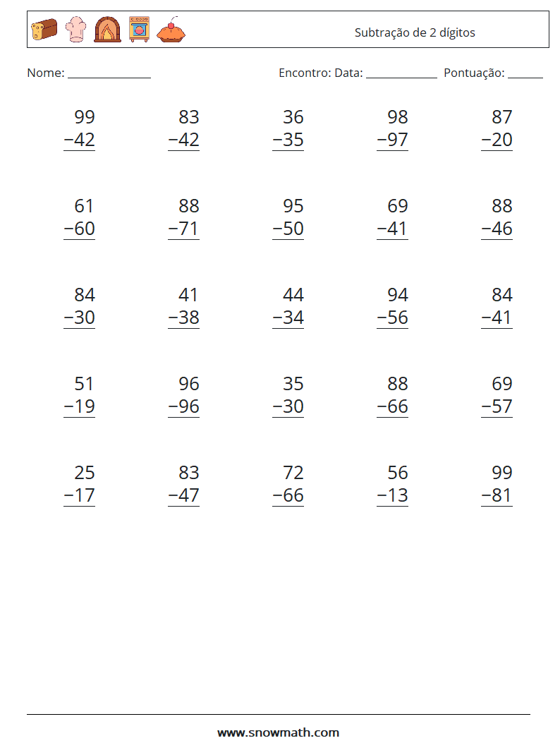 (25) Subtração de 2 dígitos planilhas matemáticas 1