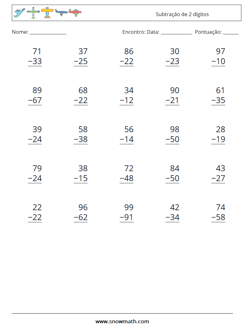 (25) Subtração de 2 dígitos planilhas matemáticas 10