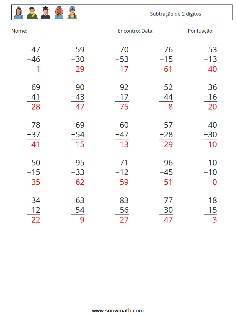 (25) Subtração de 2 dígitos planilhas matemáticas 12 Pergunta, Resposta