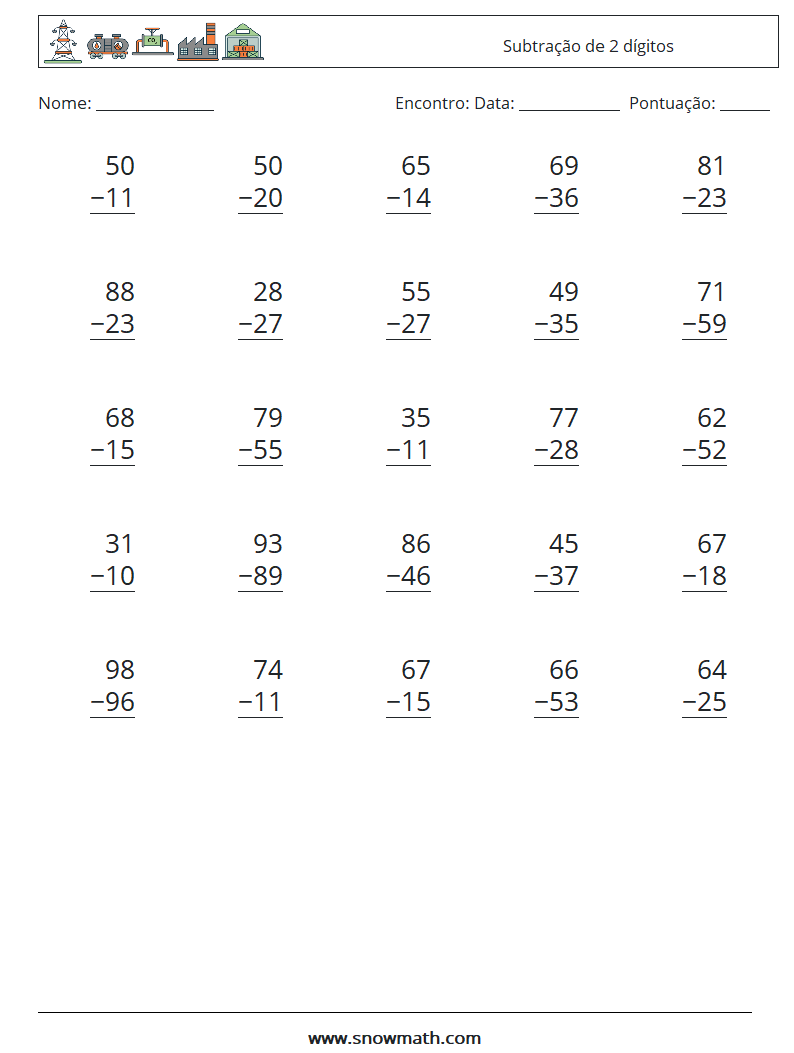 (25) Subtração de 2 dígitos planilhas matemáticas 13