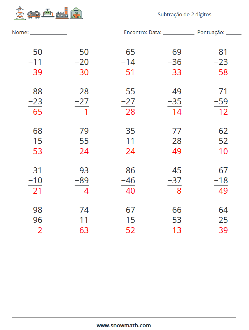 (25) Subtração de 2 dígitos planilhas matemáticas 13 Pergunta, Resposta