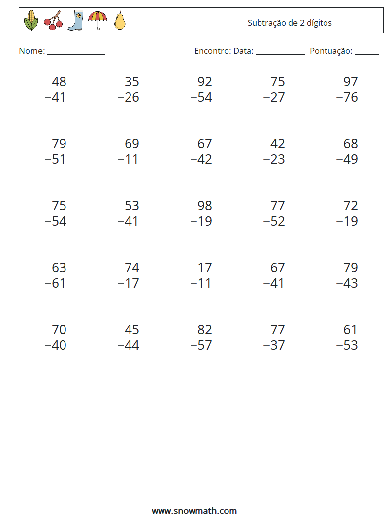 (25) Subtração de 2 dígitos planilhas matemáticas 15