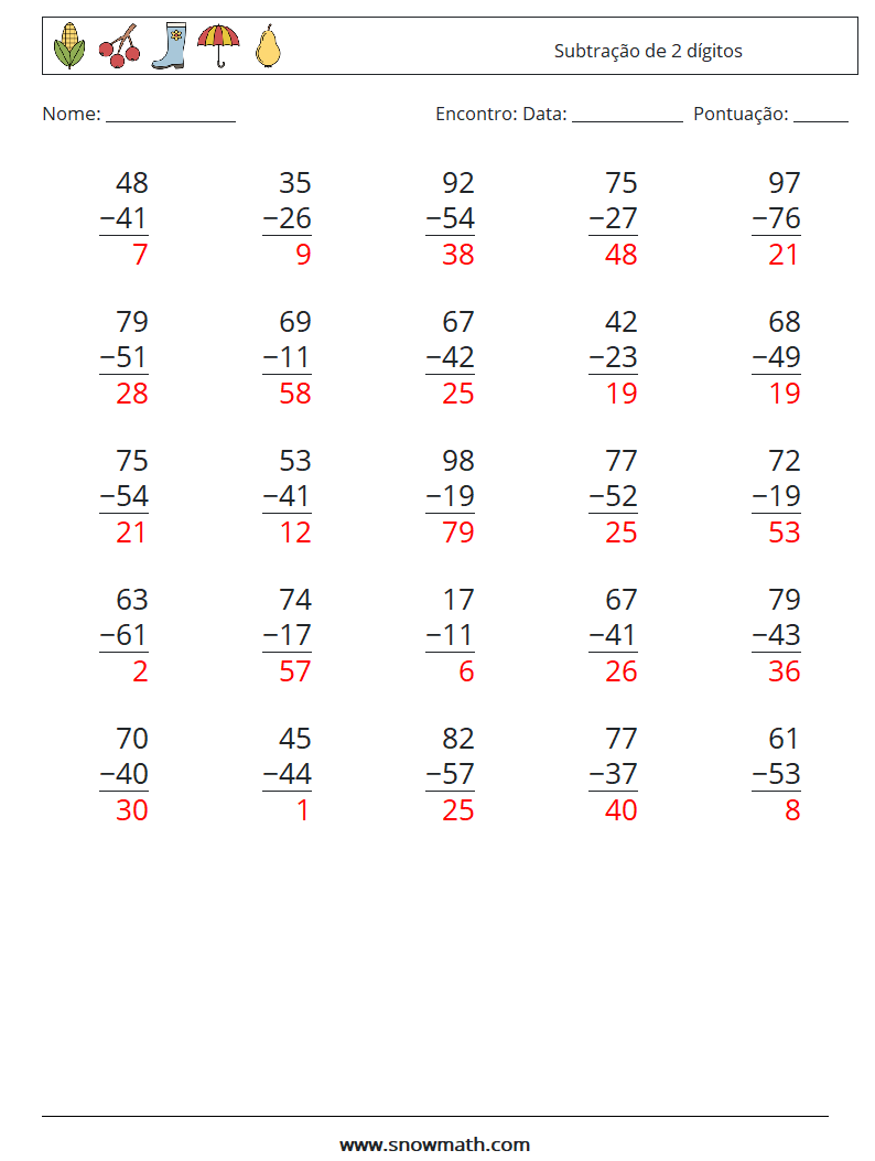 (25) Subtração de 2 dígitos planilhas matemáticas 15 Pergunta, Resposta