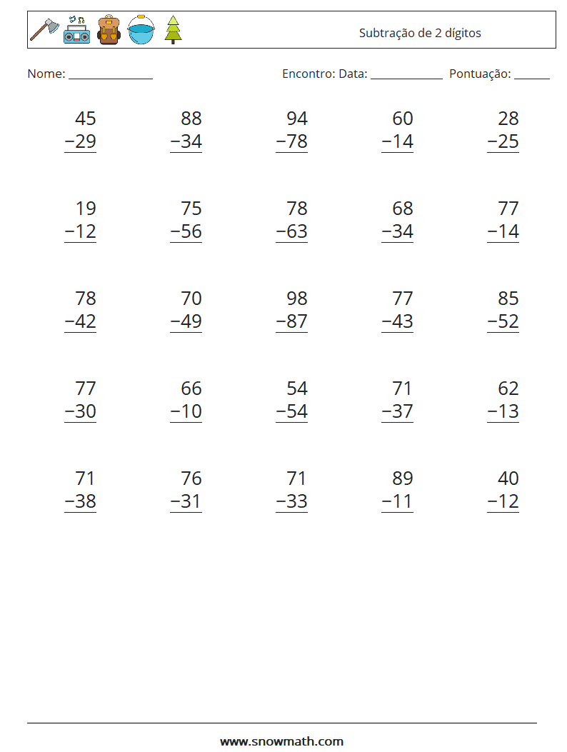 (25) Subtração de 2 dígitos planilhas matemáticas 16