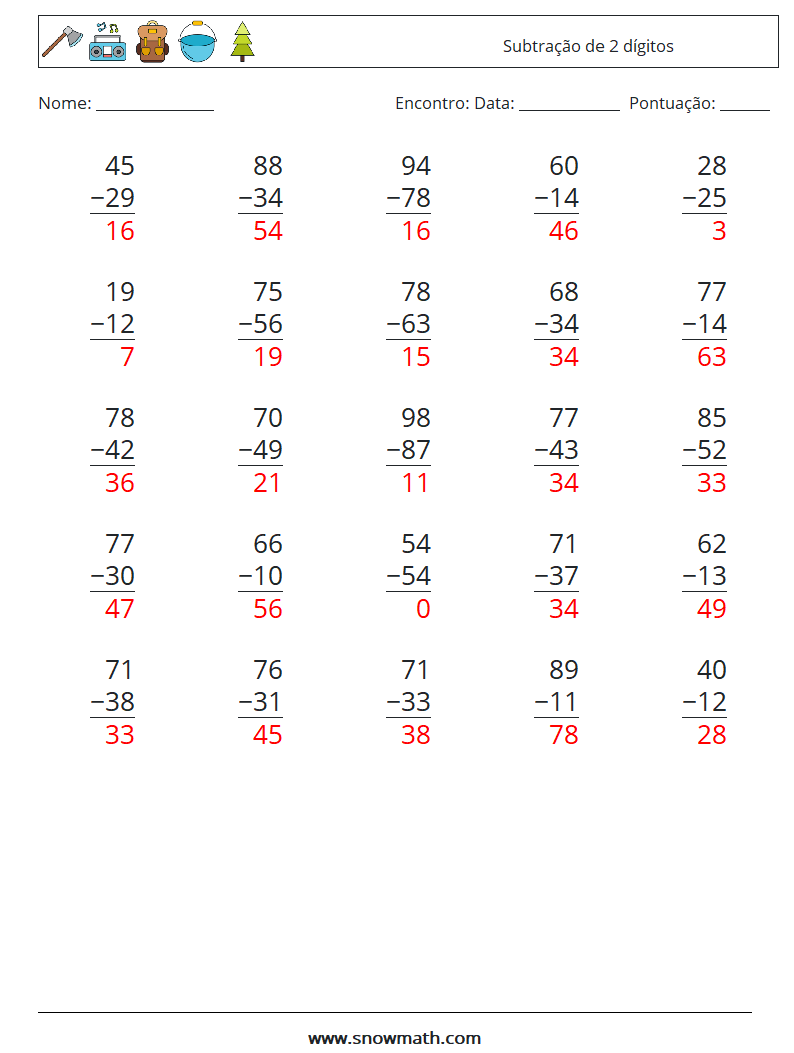 (25) Subtração de 2 dígitos planilhas matemáticas 16 Pergunta, Resposta