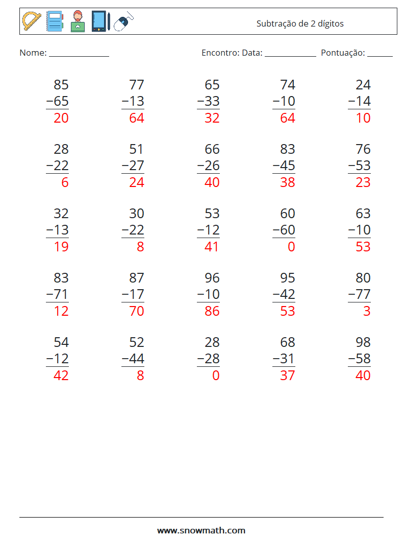 (25) Subtração de 2 dígitos planilhas matemáticas 17 Pergunta, Resposta