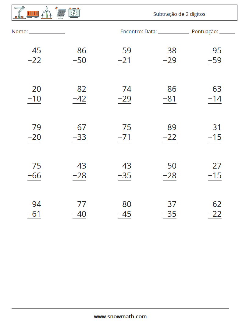 (25) Subtração de 2 dígitos planilhas matemáticas 18