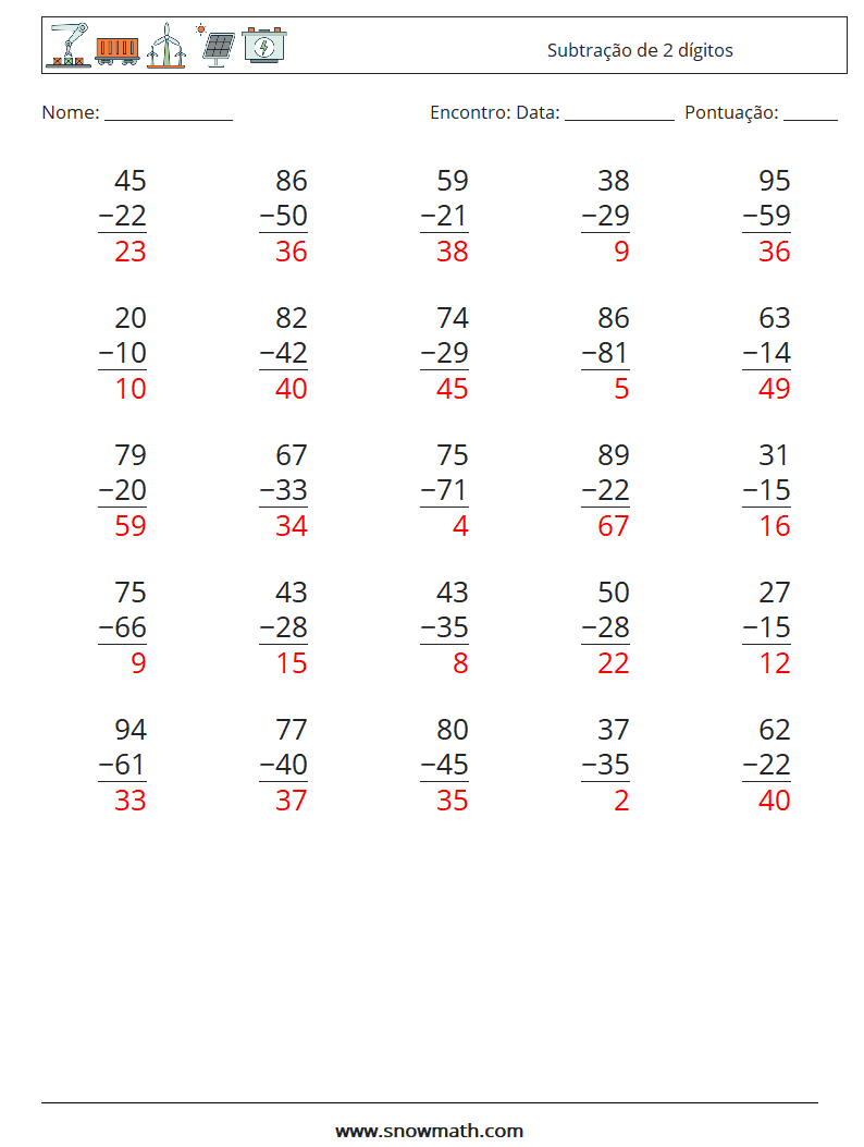 (25) Subtração de 2 dígitos planilhas matemáticas 18 Pergunta, Resposta