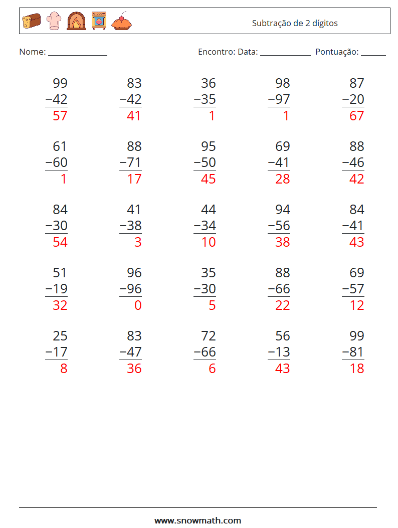 (25) Subtração de 2 dígitos planilhas matemáticas 1 Pergunta, Resposta