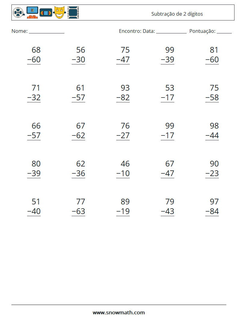 (25) Subtração de 2 dígitos planilhas matemáticas 2