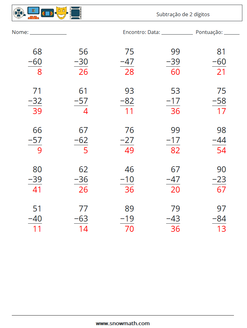 (25) Subtração de 2 dígitos planilhas matemáticas 2 Pergunta, Resposta