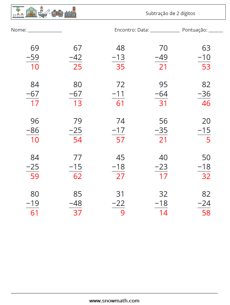 (25) Subtração de 2 dígitos planilhas matemáticas 3 Pergunta, Resposta