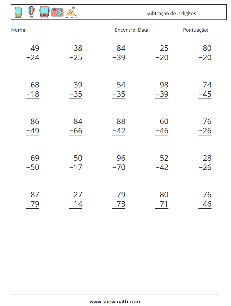 (25) Subtração de 2 dígitos planilhas matemáticas 5