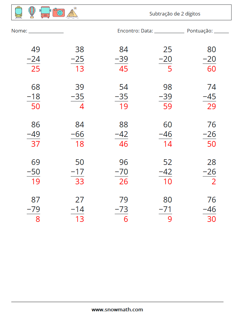 (25) Subtração de 2 dígitos planilhas matemáticas 5 Pergunta, Resposta