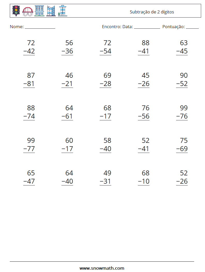 (25) Subtração de 2 dígitos planilhas matemáticas 6