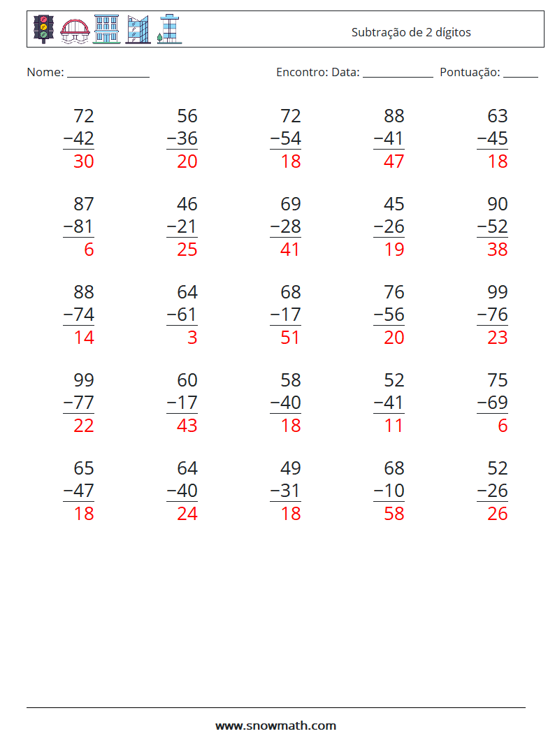 (25) Subtração de 2 dígitos planilhas matemáticas 6 Pergunta, Resposta