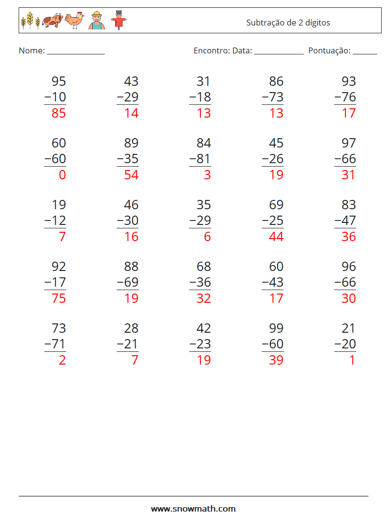 (25) Subtração de 2 dígitos planilhas matemáticas 7 Pergunta, Resposta