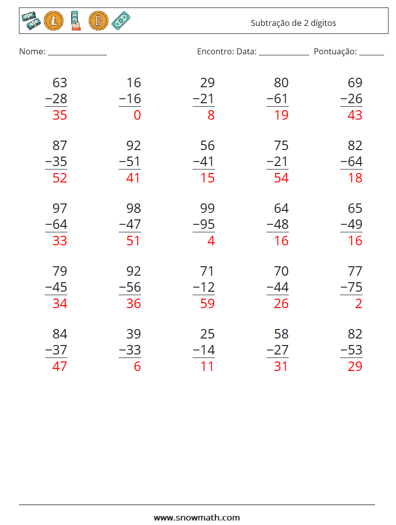 (25) Subtração de 2 dígitos planilhas matemáticas 8 Pergunta, Resposta