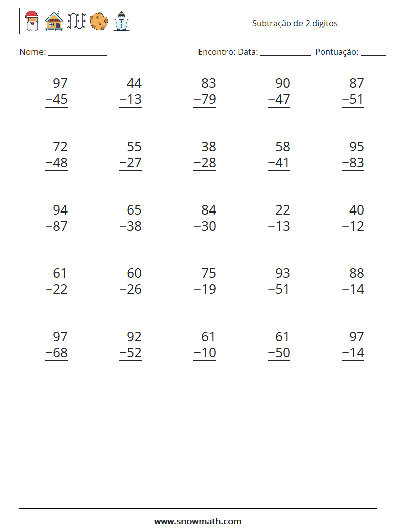 (25) Subtração de 2 dígitos planilhas matemáticas 9