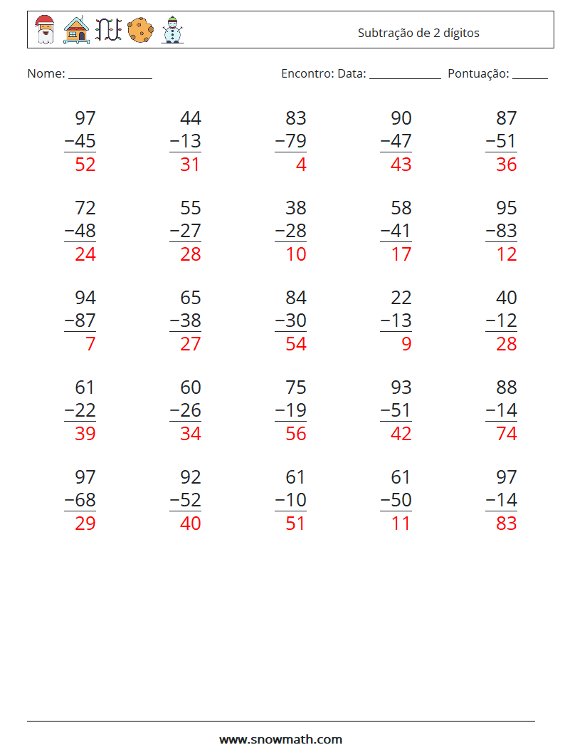 (25) Subtração de 2 dígitos planilhas matemáticas 9 Pergunta, Resposta