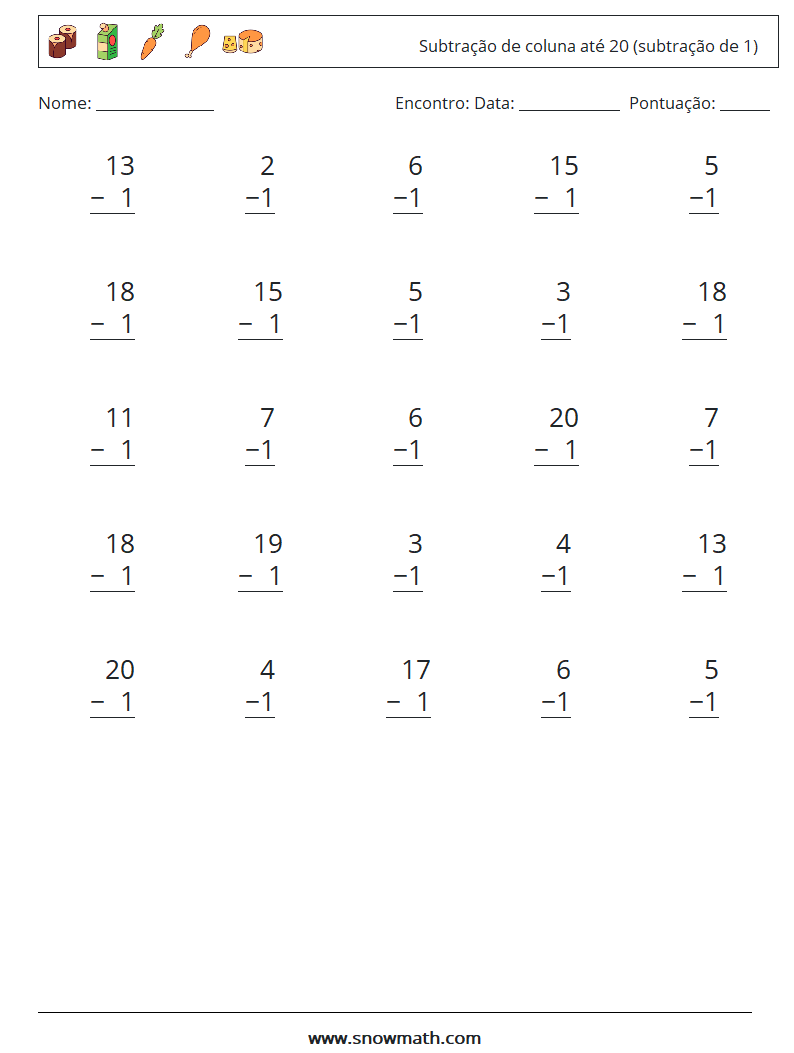 (25) Subtração de coluna até 20 (subtração de 1) planilhas matemáticas 1