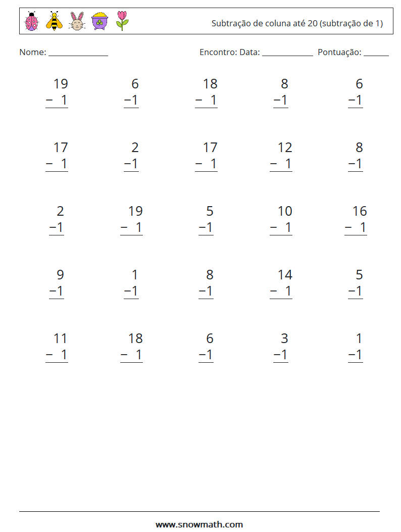 (25) Subtração de coluna até 20 (subtração de 1) planilhas matemáticas 10