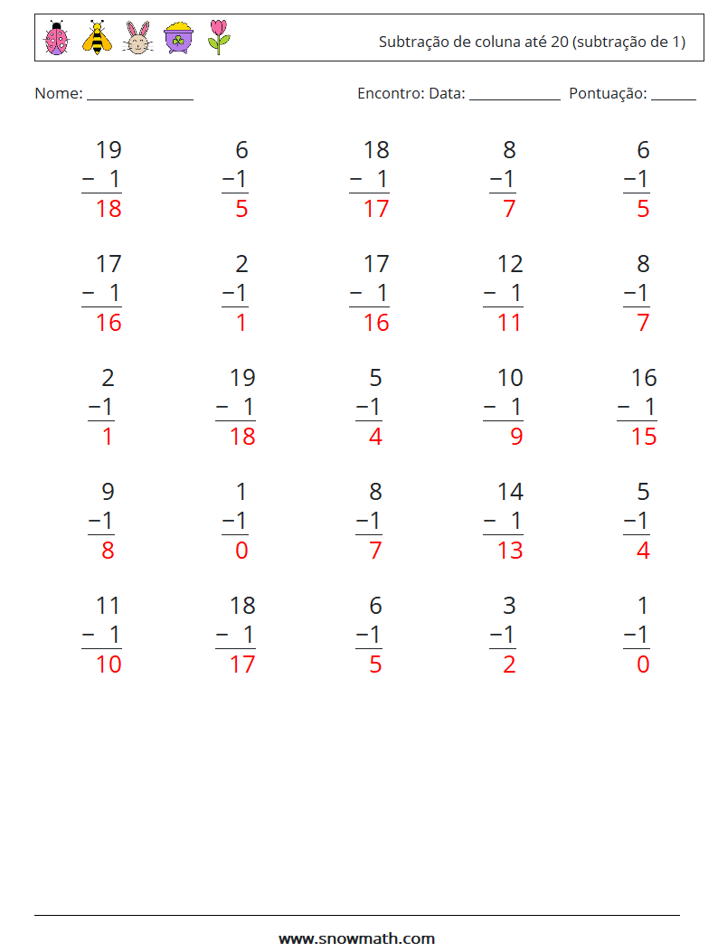 (25) Subtração de coluna até 20 (subtração de 1) planilhas matemáticas 10 Pergunta, Resposta