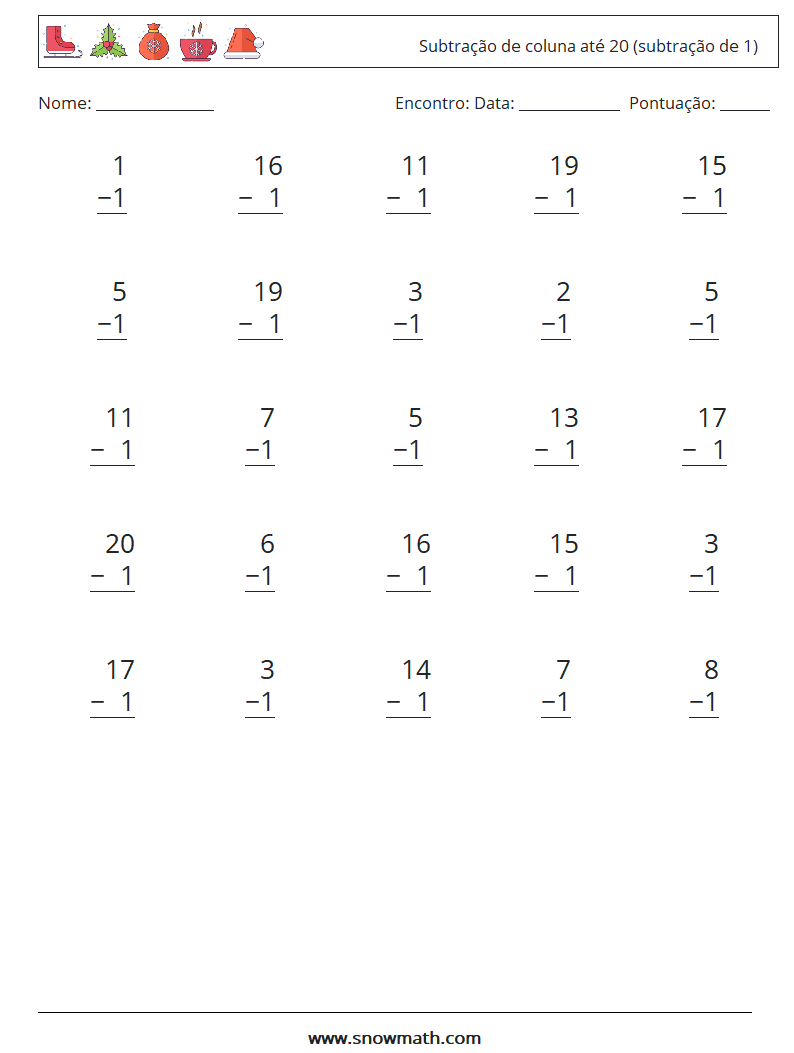 (25) Subtração de coluna até 20 (subtração de 1) planilhas matemáticas 11