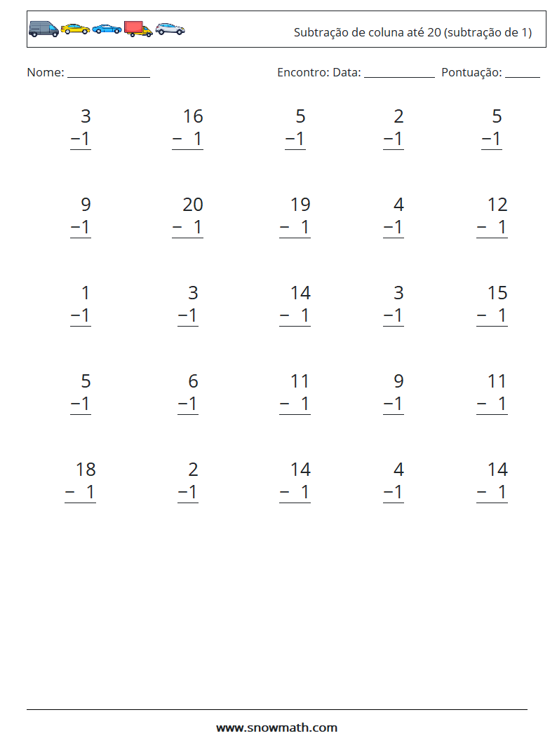 (25) Subtração de coluna até 20 (subtração de 1) planilhas matemáticas 12