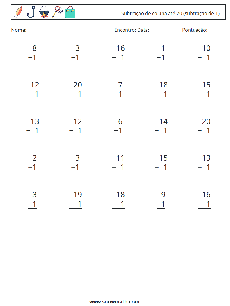 (25) Subtração de coluna até 20 (subtração de 1) planilhas matemáticas 14