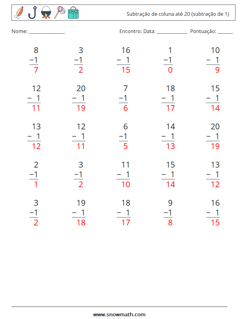 (25) Subtração de coluna até 20 (subtração de 1) planilhas matemáticas 14 Pergunta, Resposta