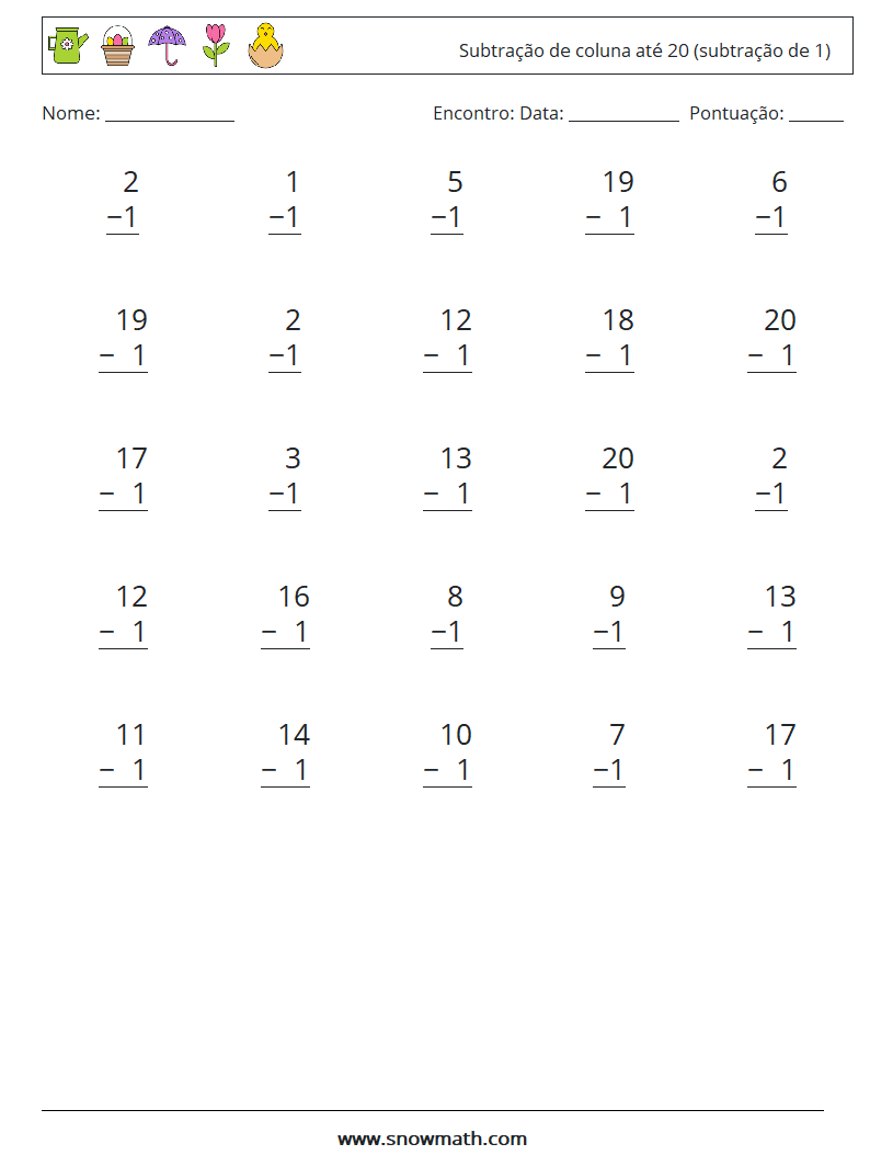 (25) Subtração de coluna até 20 (subtração de 1) planilhas matemáticas 15